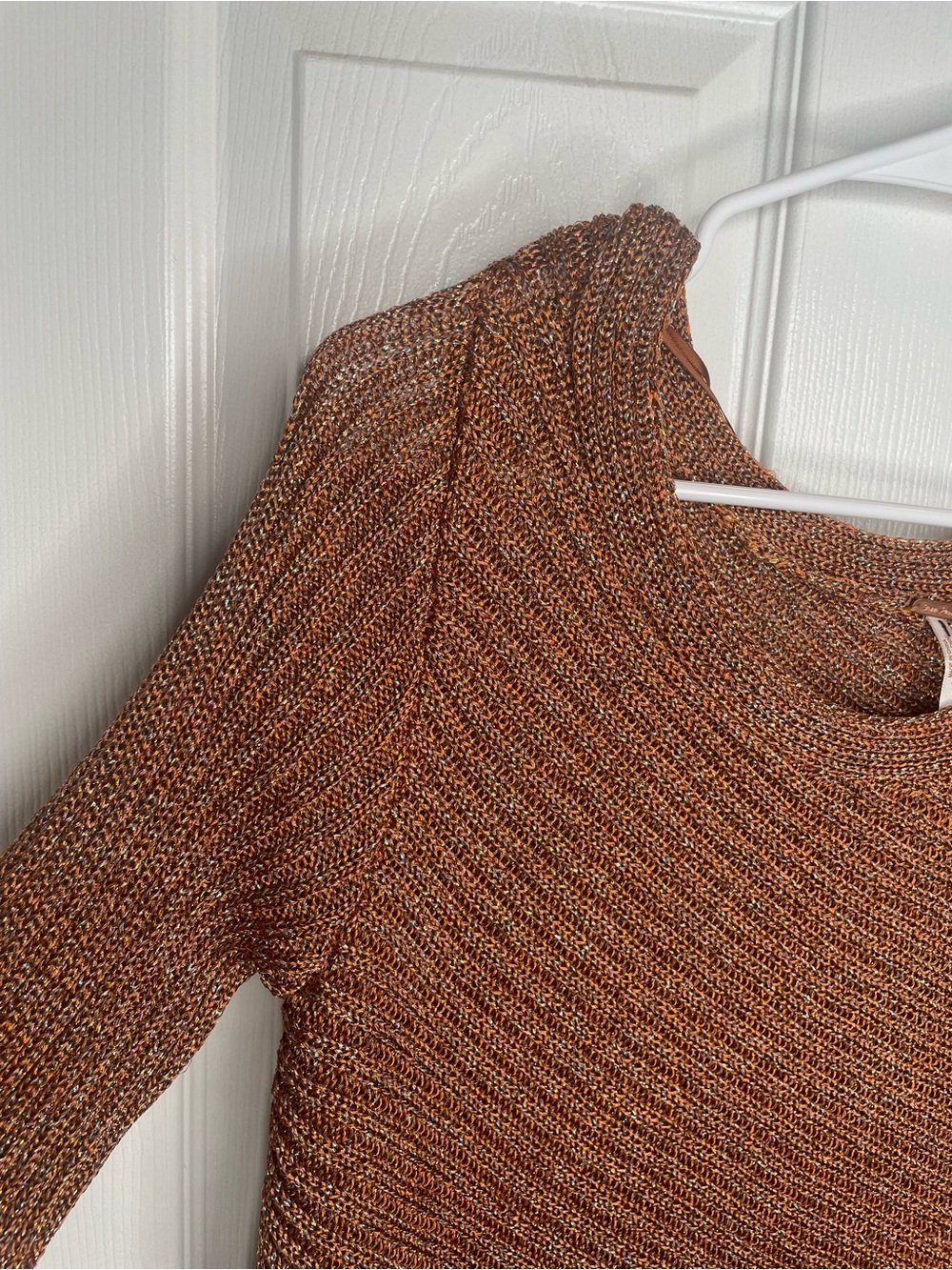 Free People Logan Metallic Knit Asymmetrical Sweater Holiday in Copper/Brown L - Picture 7 of 15